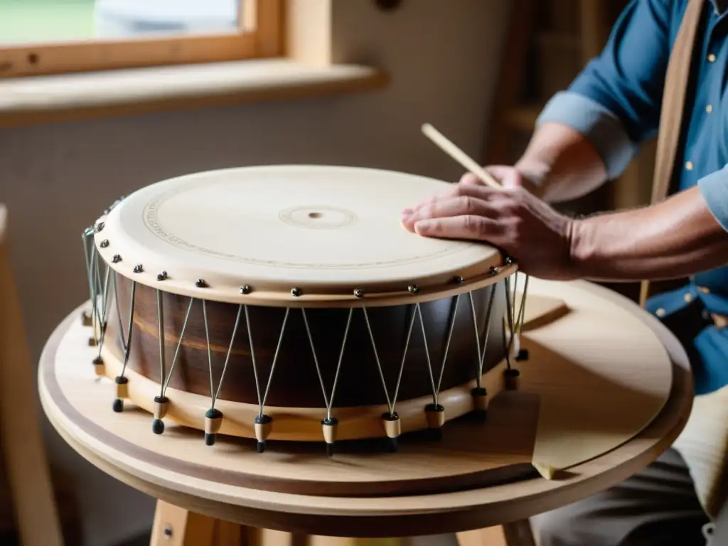 Un artesano experto construye un bodhrán irlandés con intensidad, rodeado de herramientas en su taller