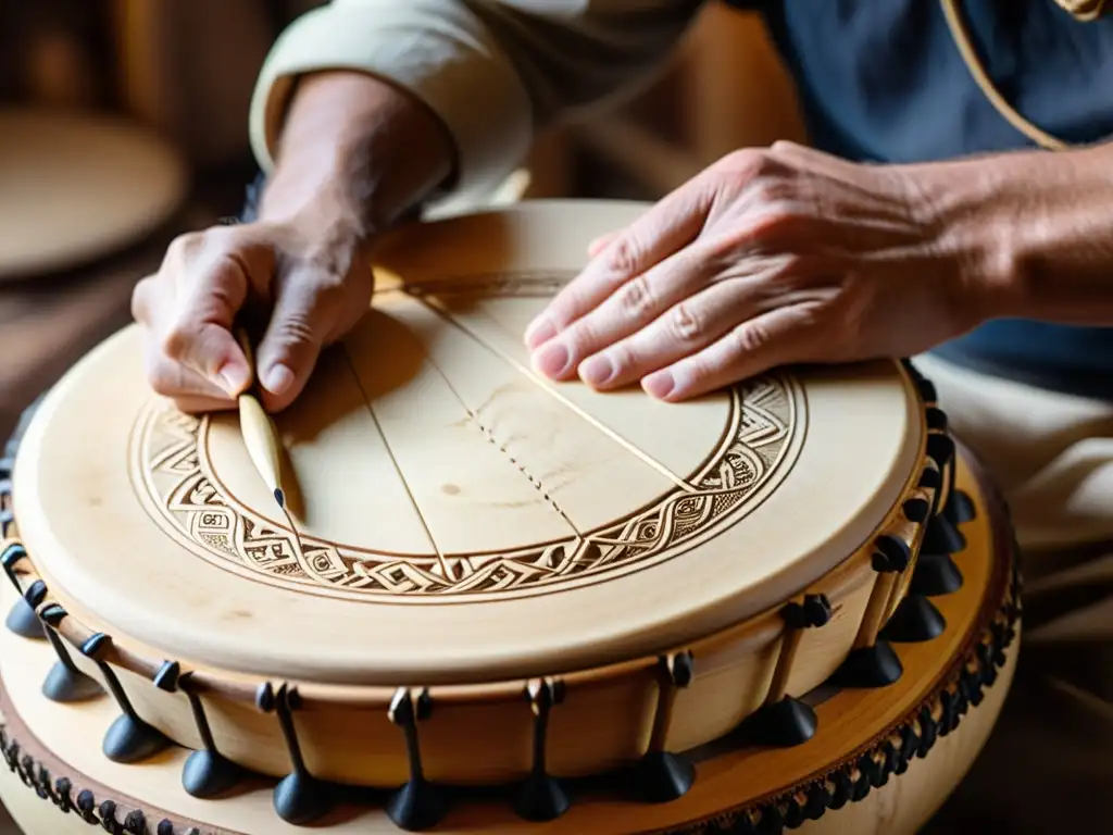 Un artesano experto elabora un Bodhrán irlandés con herramientas de mano, destacando la rica herencia cultural y artesanía