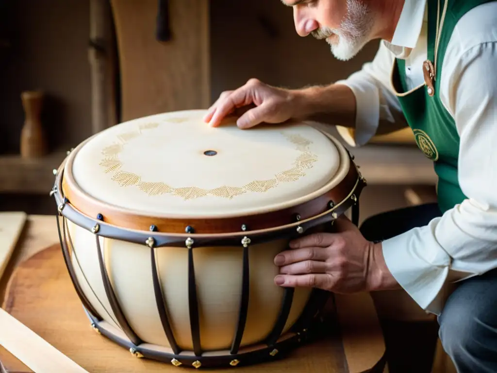 Un artesano experto confecciona un bodhrán irlandés tradicional, mostrando el proceso detallado de construcción