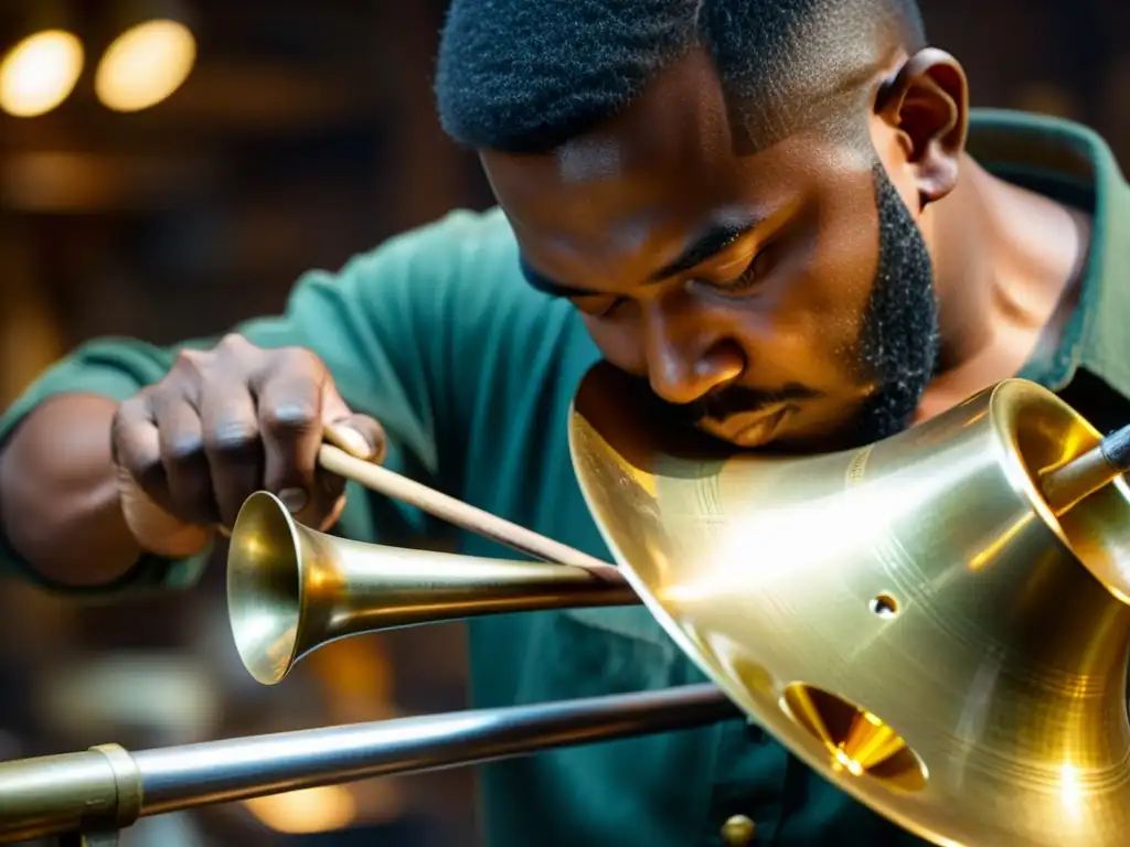 Un artesano experto da brillo a un trombón de latón, iluminado por la cálida luz de su taller