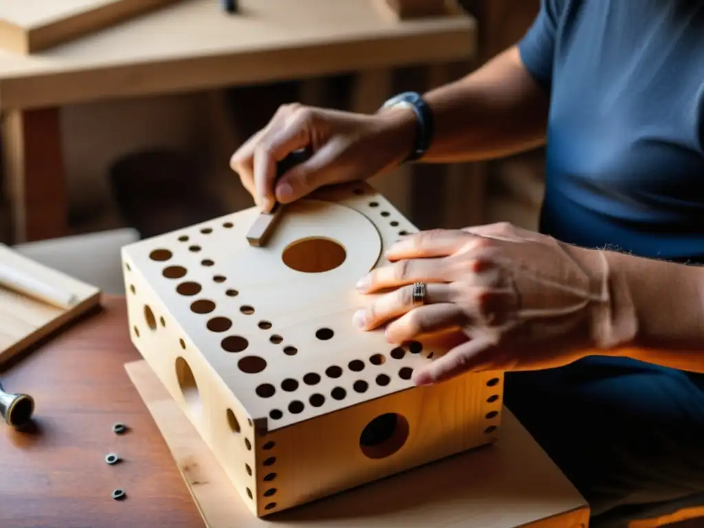 Artesano experto construye cajón flamenco, resaltando la historia, sonido y meticulosa construcción del instrumento