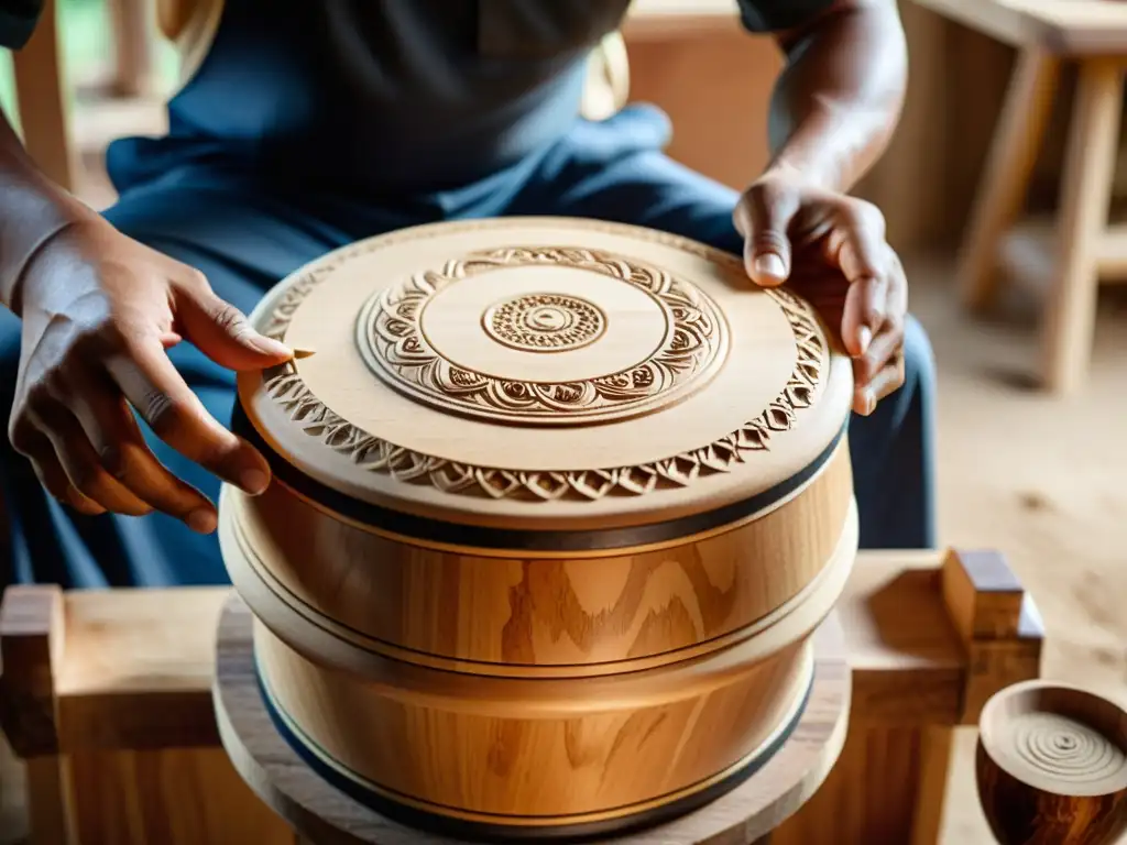 Un artesano experto talla un cajón de madera, mostrando destreza y cuidado en la fabricación responsable de cajones y bongos