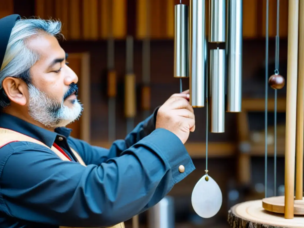 Un artesano experto elabora un carillón de viento con meticulosidad