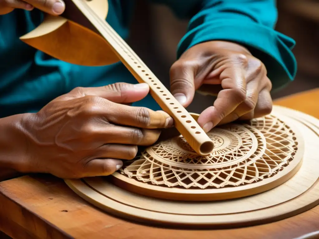 Artesano experto tallando un charango, destacando la artesanía en la construcción del charango en América del Sur, bañado en cálida luz natural