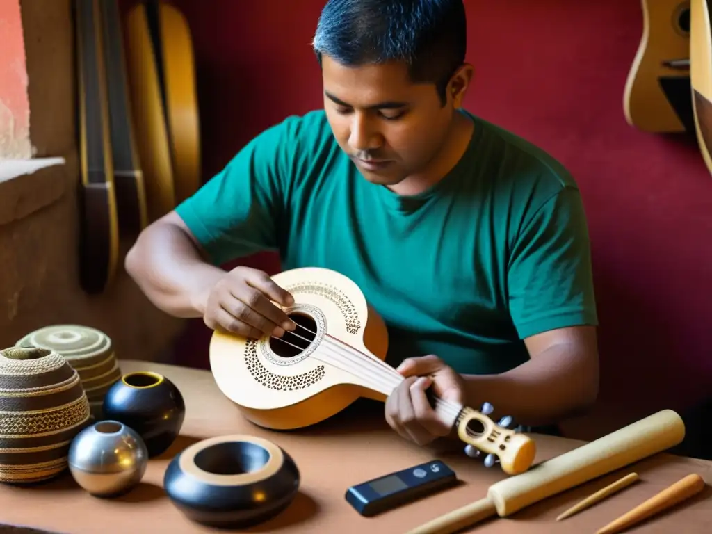 Un artesano experto crea un charango tradicional en medio de componentes electrónicos, fusionando la música andina con innovación digital