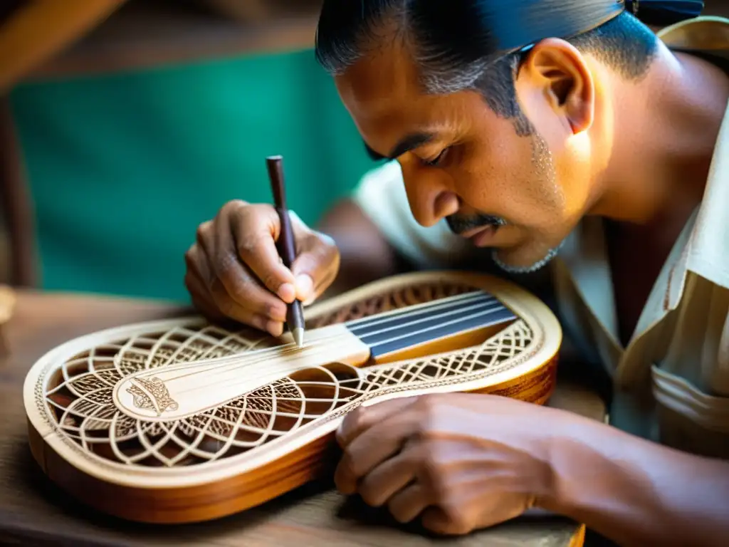 Un artesano experto elaborando un charango tradicional, mostrando la destreza y la dedicación en la creación de este icónico instrumento andino