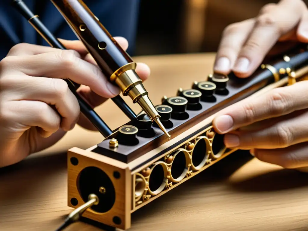 Artesano experto en la construcción y sonido de oboes ensambla con precisión cada detalle de este hermoso instrumento de madera