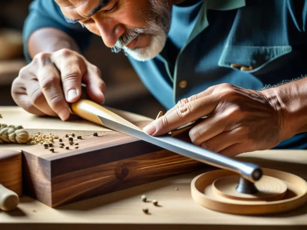 Artesano experto moldea un corno de caza en madera enriquecida, resaltando la artesanía tradicional de este instrumento musical icónico