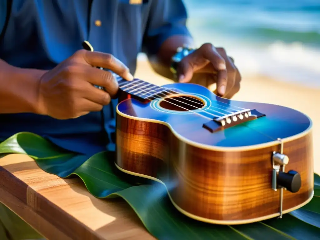 Un artesano experto teje las cuerdas de un ukelele hawaiano en una playa escénica, iluminado por el sol