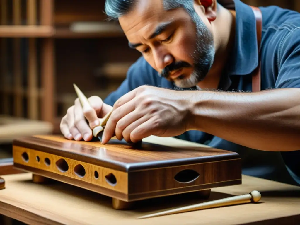 Un artesano experto restaura con cuidado un antiguo instrumento musical, resaltando la preservación del patrimonio cultural