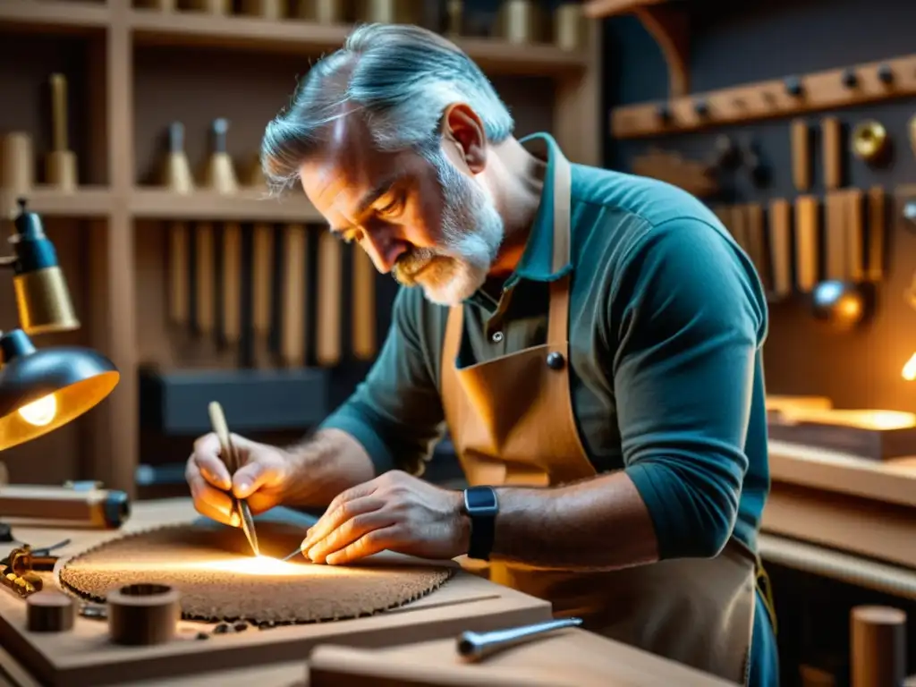 Un artesano experto construye con cuidado un clavicordio en un taller iluminado con luz cálida, rodeado de herramientas, virutas de madera y partes delicadas del instrumento en diferentes etapas de construcción, transmitiendo historia, construcción y sonido del clavicordio