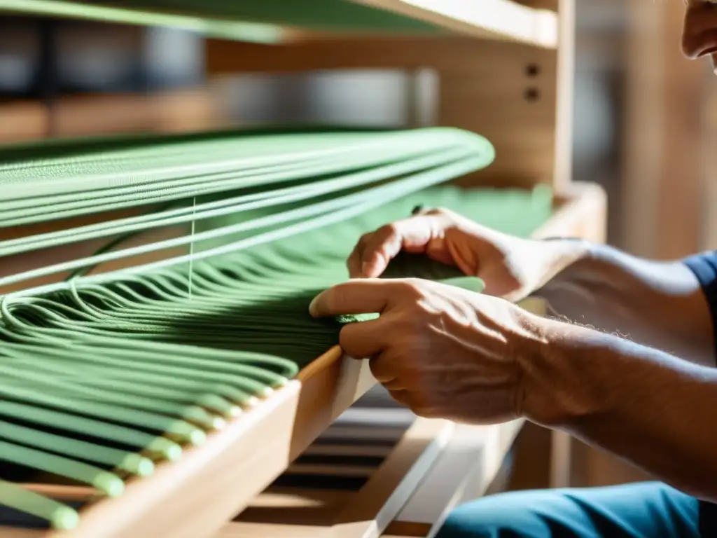 Un artesano experto elabora con cuidado las cuerdas de guitarra biodegradables, resaltando la artesanía y la sostenibilidad