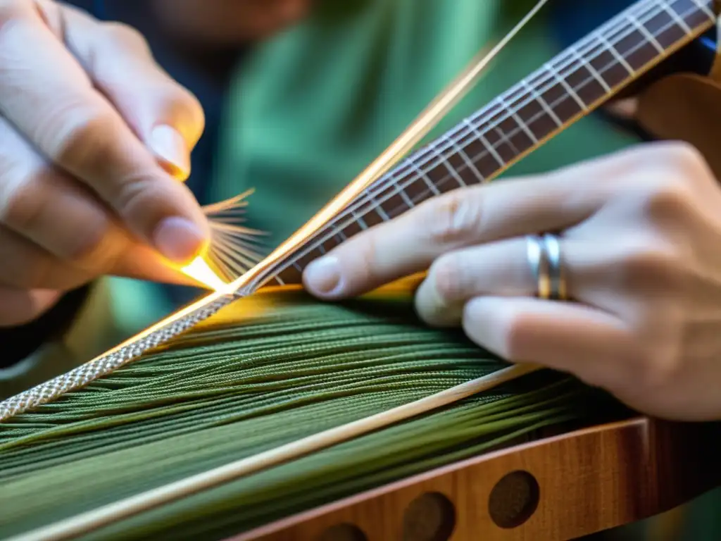 Un artesano experto crea con cuidado y precisión cuerdas de guitarra biodegradables, destacando su dedicación y expertise