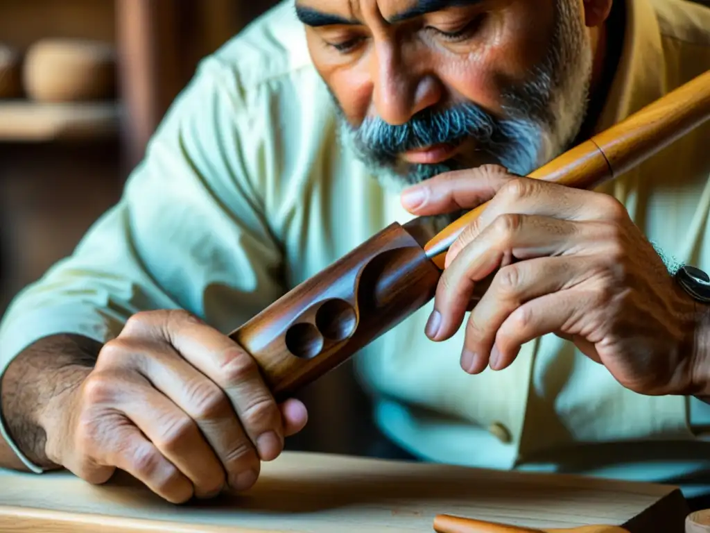 Un artesano experto tallando con cuidado un Duduk armenio antigua Ruta Seda, transmitiendo herencia cultural y artesanía