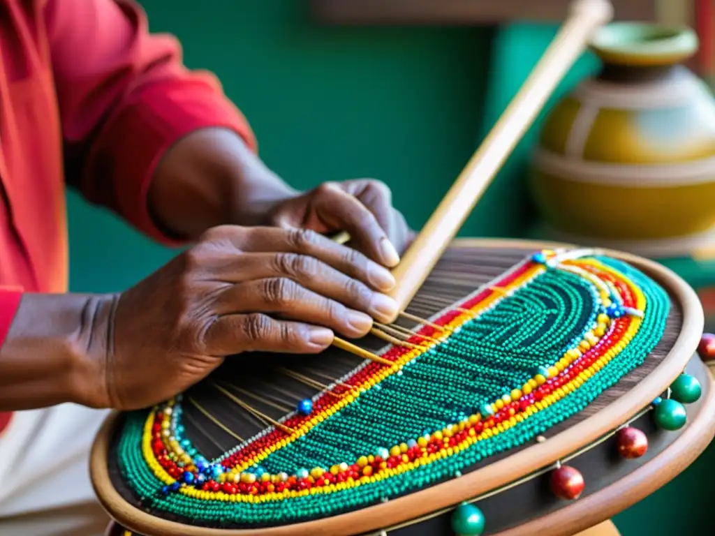 Un artesano experto teje con cuidado un instrumento musical indígena de cascabeles, mostrando arte y dedicación ancestral