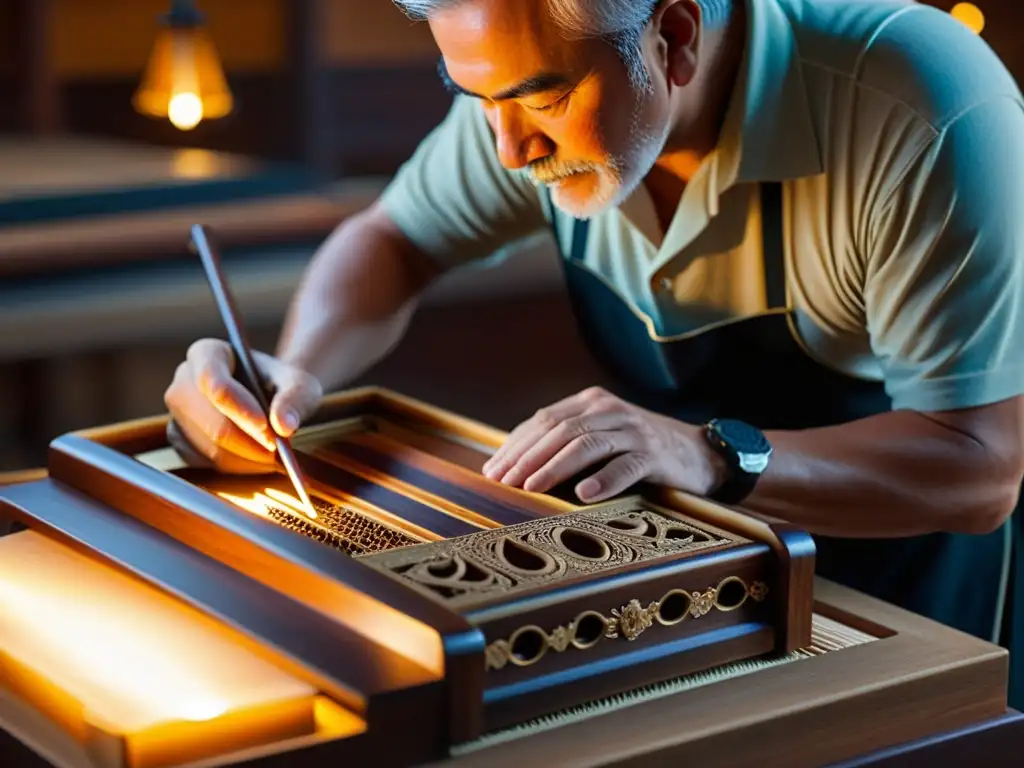Restauración artesanal de zanfona vintage: precisión y calidez Un artesano experto restaura con cuidado las intrincadas tallas de un zíter vintage, revelando la rica madera debajo y resaltando la meticulosa restauración de instrumentos musicales