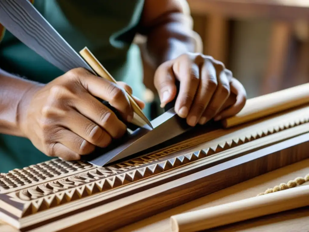 Un artesano experto tallando con cuidado la madera para construir el arpa paraguaya, mostrando la historia y construcción del instrumento icónico