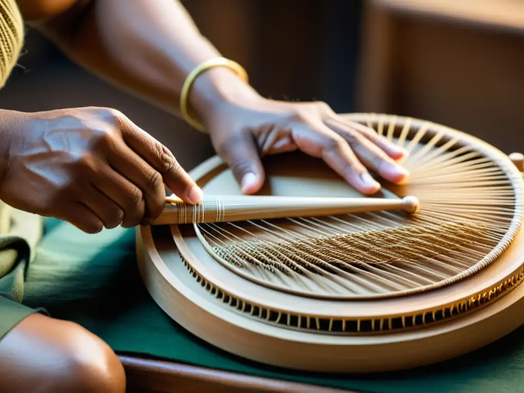 Un artesano experto teje con cuidado materiales antiguos para crear un instrumento de cuerda, mostrando la evolución de instrumentos de cuerda