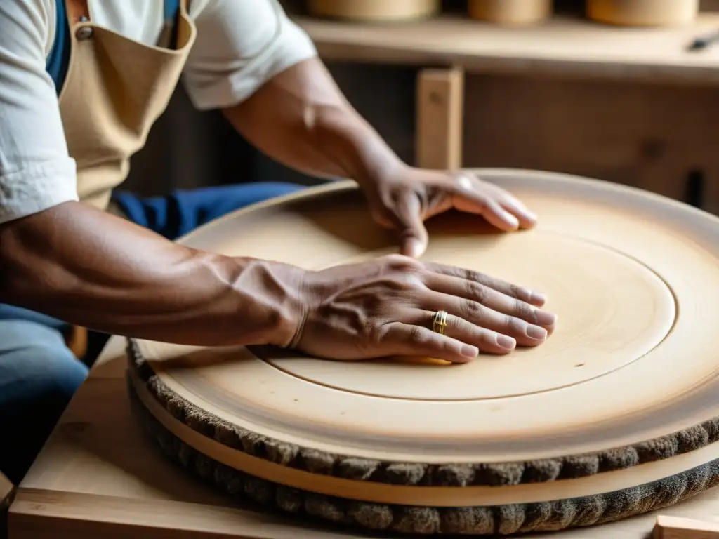 Un artesano experto estira con cuidado una membrana de tambor sobre un marco de madera, utilizando técnicas y herramientas tradicionales