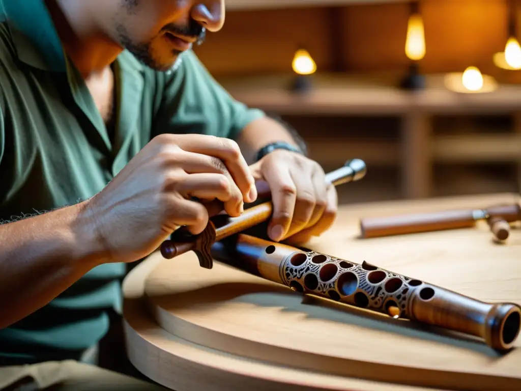 Un artesano experto moldea con cuidado oboes y clarinetes sostenibles, destacando la artesanía detallada y la belleza natural de la madera