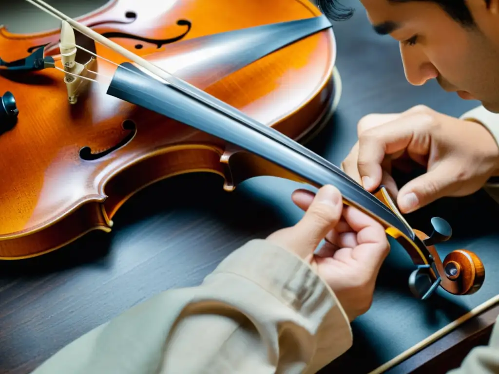 Un artesano experto restaura con cuidado un violín antiguo, resaltando la conservación de instrumentos musicales históricos