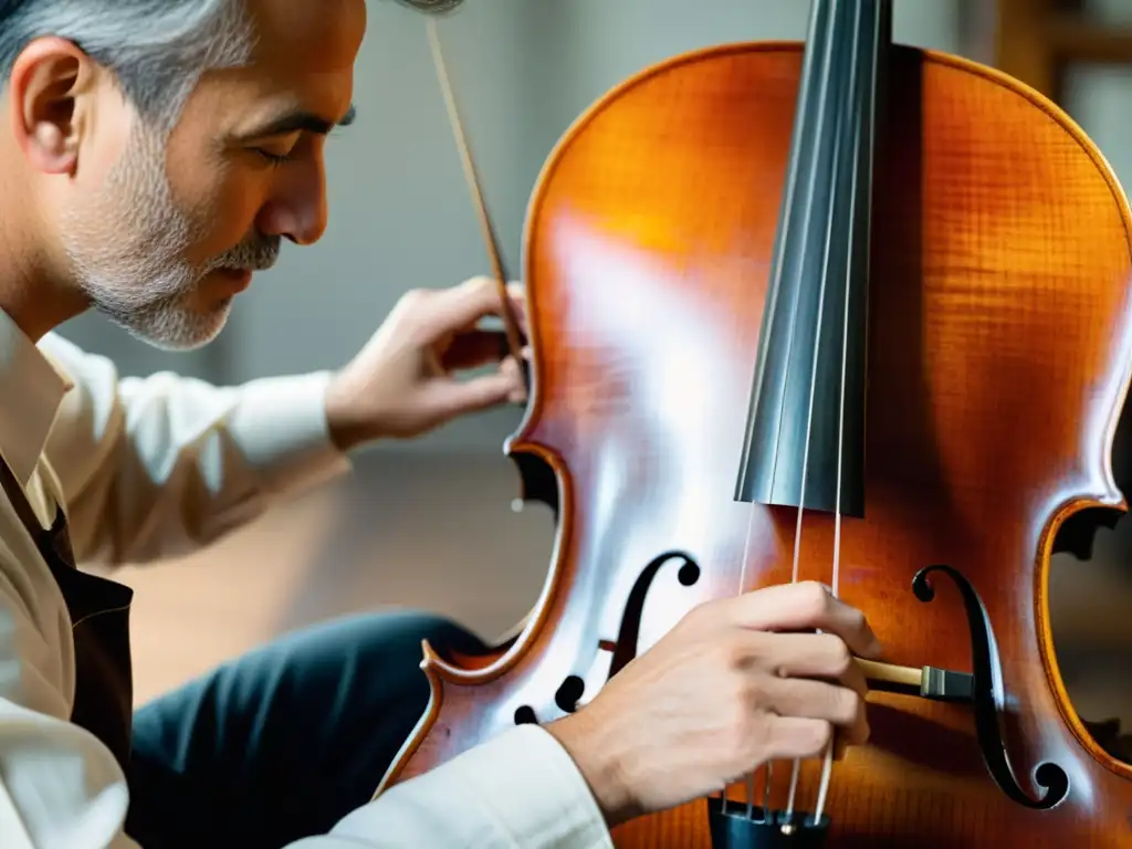 Un artesano experto restaura con cuidado un violonchelo vintage, destacando la restauración de instrumentos en cine