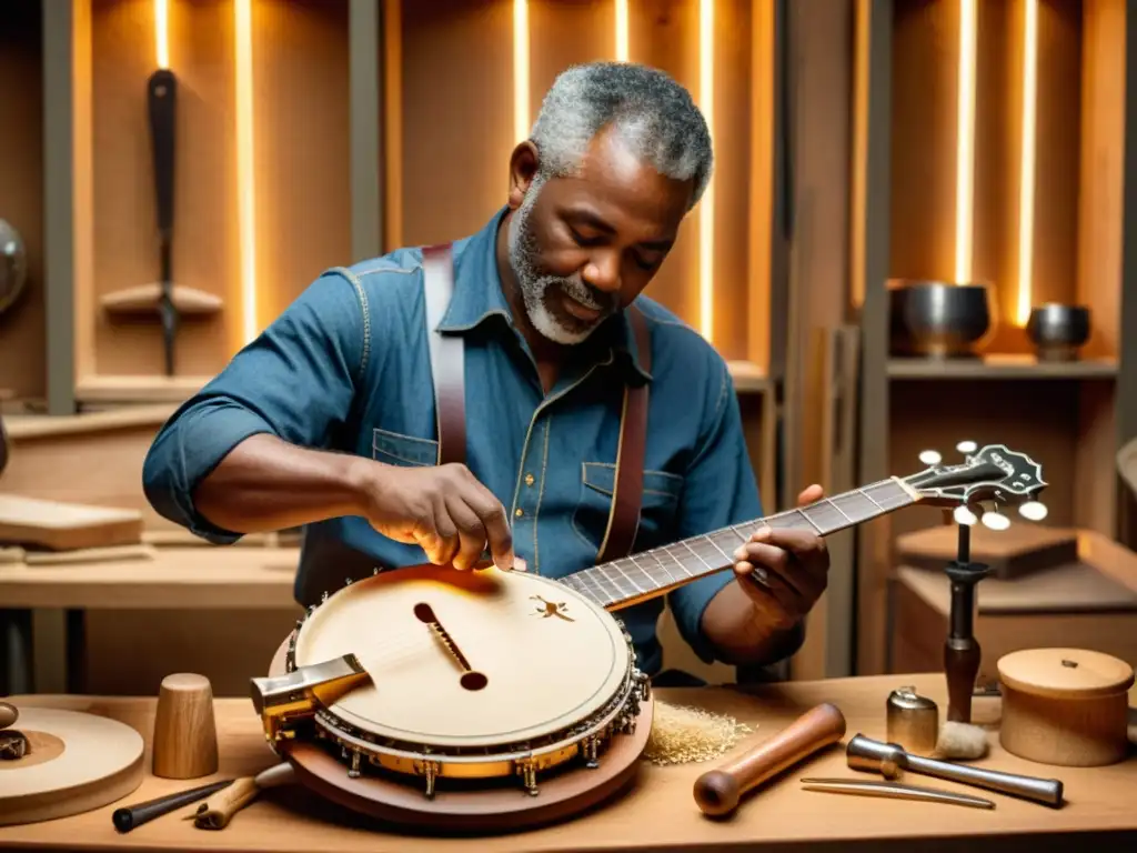 Un artesano experto construye con dedicación un banjo en Bluegrass, rodeado de herramientas y virutas de madera