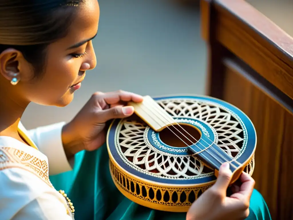 Artesano experto elabora con dedicación un charango tradicional, resaltando la conservación del charango de armadillo en un taller cálido y acogedor