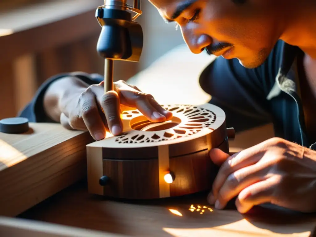 Un artesano experto construyendo con dedicación un requinto jarocho, mostrando la historia y construcción del instrumento