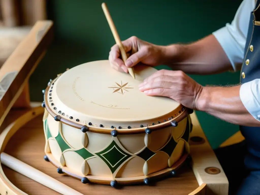 Artesano experto creando bodhrán tradicional, detalle y dedicación Un artesano experto elabora con dedicación un tradicional tambor bodhrán, revelando historia y construcción del bodhrán