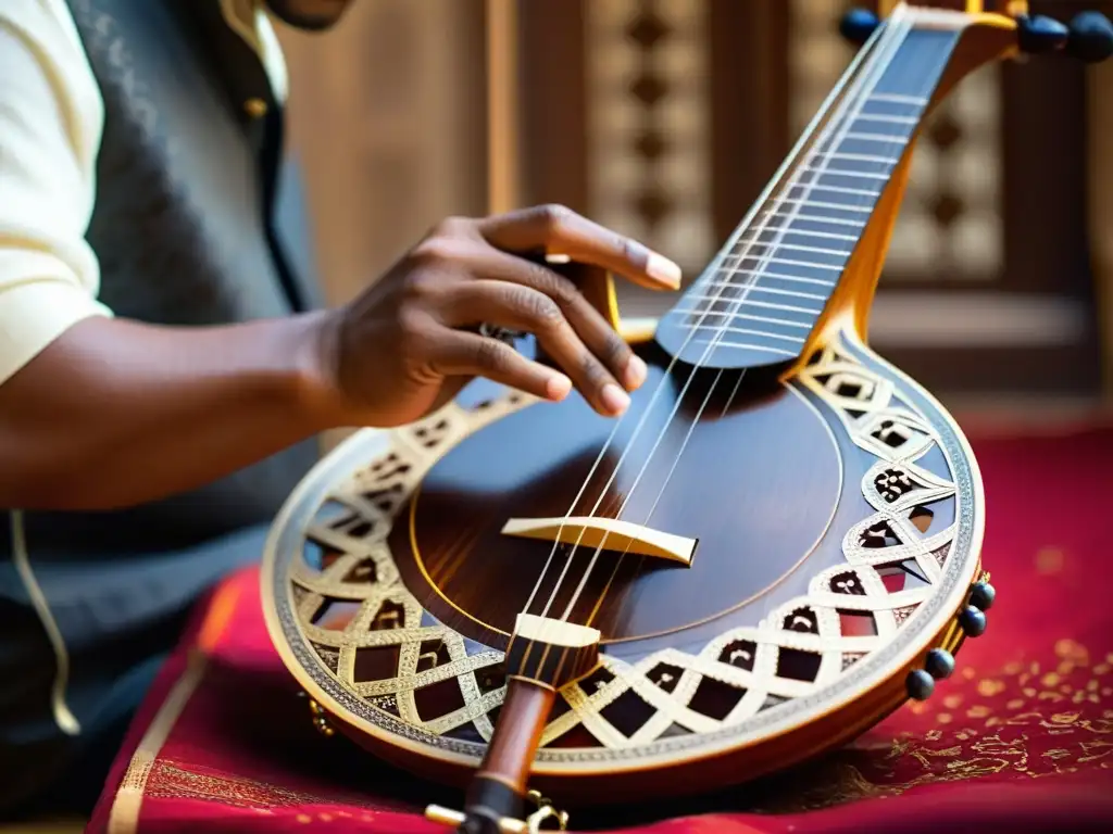 Un artesano experto crea con delicadeza un rebab tradicional, resaltando la historia y la artesanía de este instrumento único