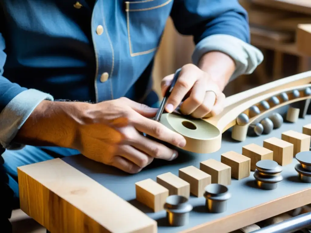 Un artesano experto transformando desechos en instrumentos musicales con pasión y precisión en un taller lleno de materiales reciclados