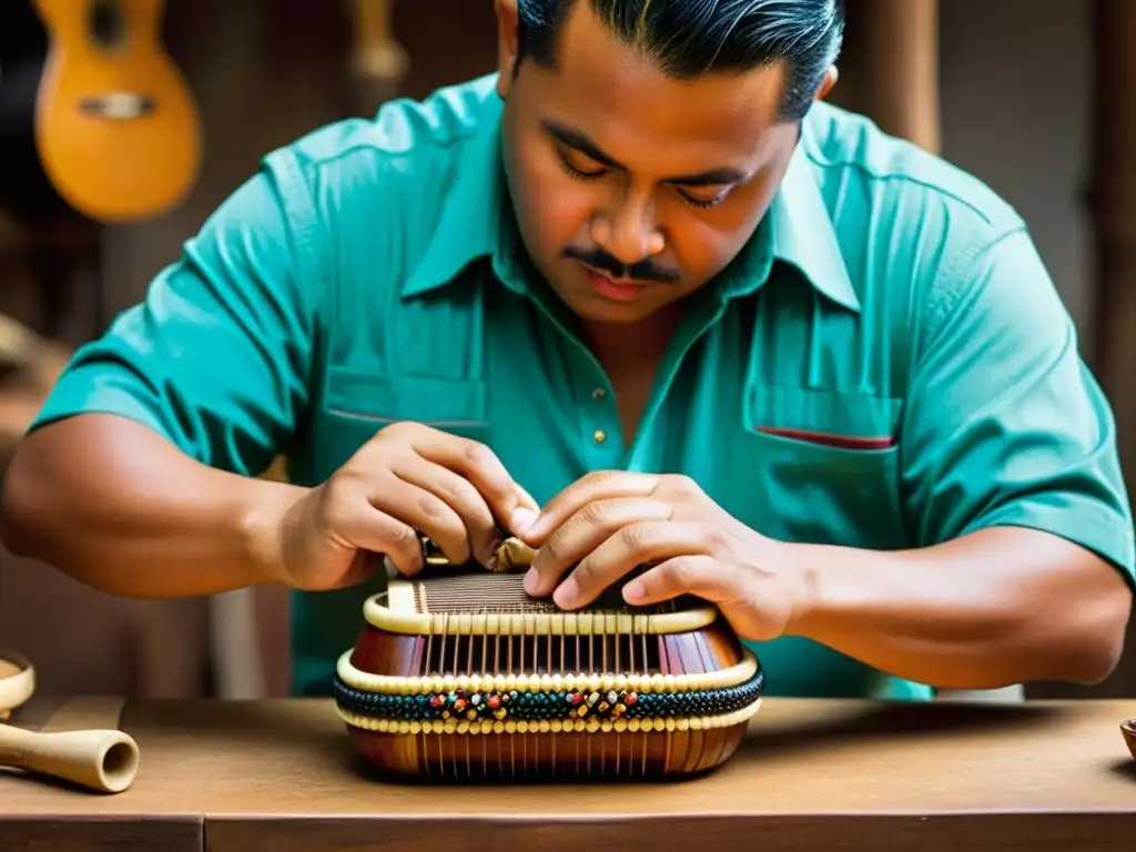 Artesano experto construyendo con destreza un Acordeón Vallenato, resaltando la autenticidad y la artesanía tradicional detrás del instrumento