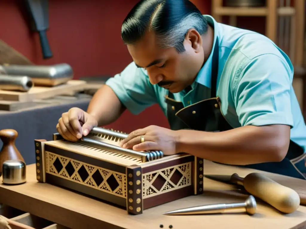 Un artesano experto construye con destreza un acordeón vallenato, rodeado de herramientas y materiales