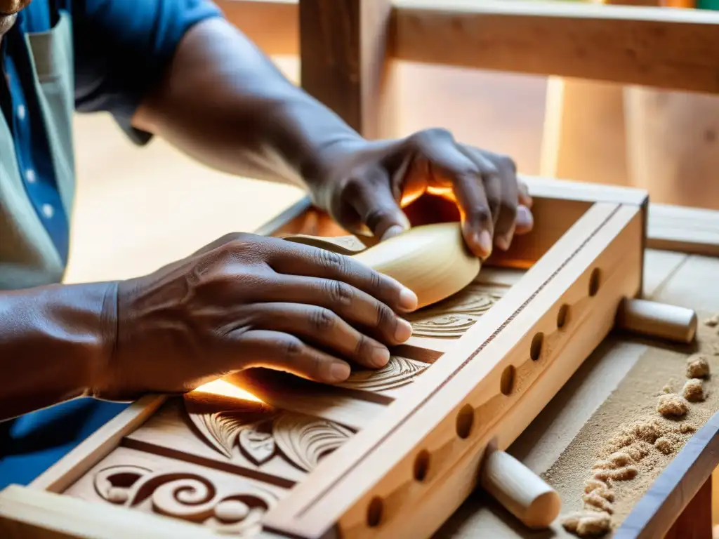 Un artesano experto construye con destreza una caja vallenata, resaltando la historia, construcción y sonido de este icónico instrumento colombiano