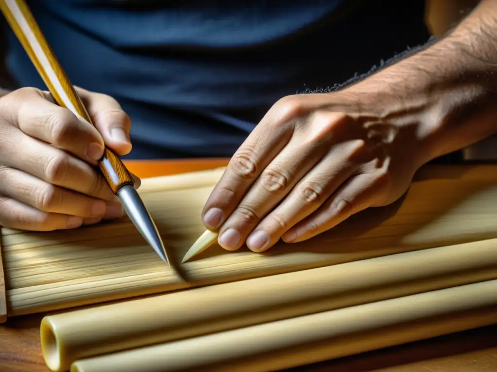 Un artesano experto prepara con destreza cañas para oboe, mostrando la artesanía y dedicación en cada detalle