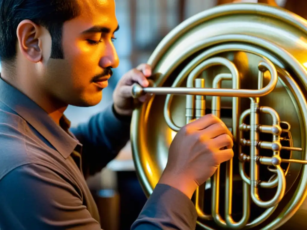 Un artesano experto crea con destreza la tuba, con dedicación e influencia del sonido de la tuba en su rostro iluminado por la cálida luz del taller