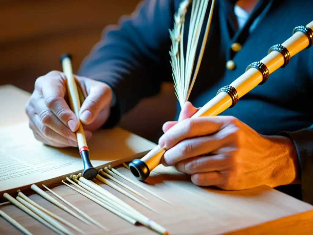 Un artesano experto moldea con destreza las delicadas cañas de una gaita gallega, evocando la tradición y la artesanía detrás del instrumento