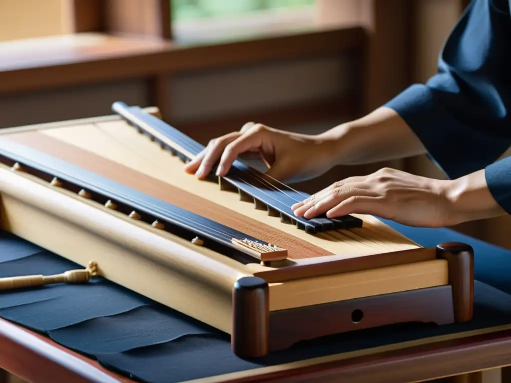 Un artesano experto construye con destreza un Gayageum tradicional coreano, resaltando la meticulosa creación del sonido distintivo