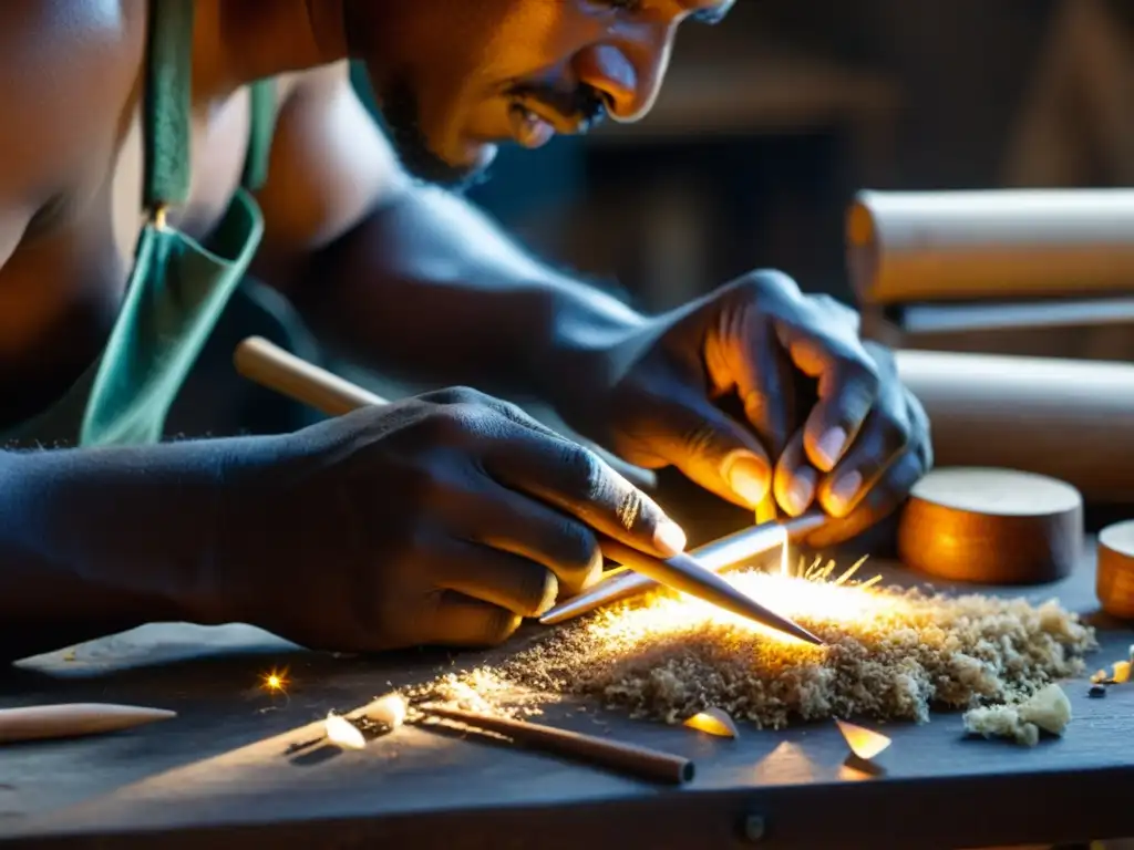 Un artesano experto moldea con destreza un Guembri marroquí en su taller, resaltando la rica historia y construcción del instrumento