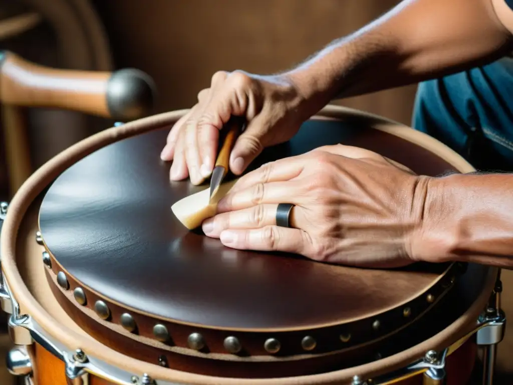 Un artesano experto moldea con destreza un parche de percusión en un marco de madera, destacando las técnicas de confección de parches percusión