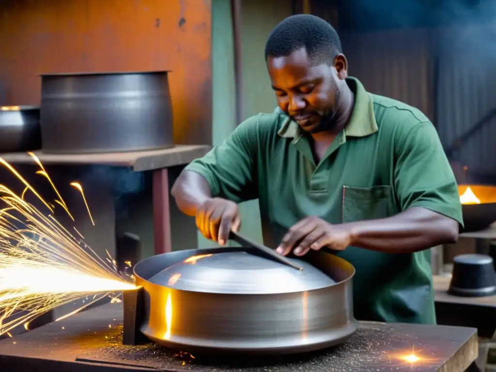 Un artesano experto moldea con destreza un steelpan en su taller, destacando el origen y evolución del steelpan en el Caribe