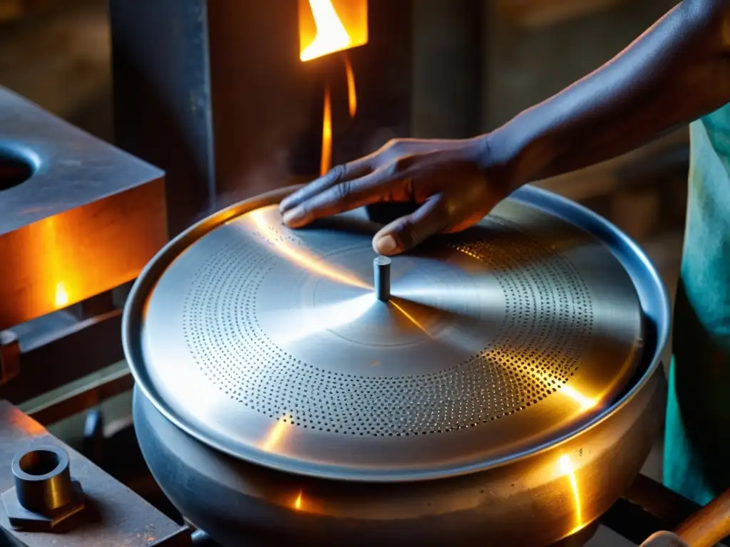 Un artesano experto, trabajando con destreza un steelpan en su taller iluminado por la cálida luz natural