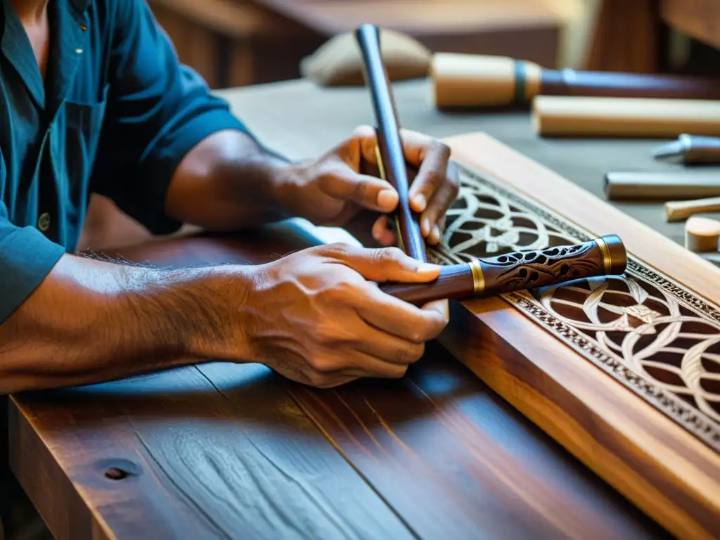 Artesano experto tallando detalles en la madera de un Ney Persa, capturando la esencia de su historia y construcción artesanal