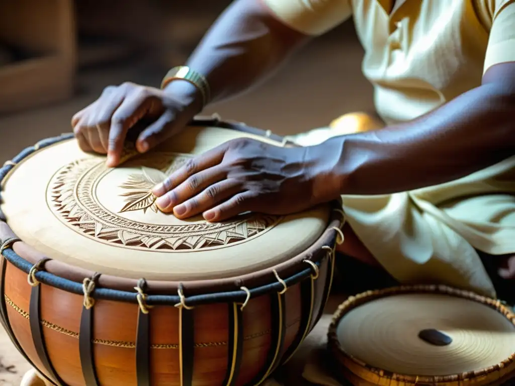 Un artesano experto crea un dholak con meticulosidad, destacando la historia y construcción del instrumento