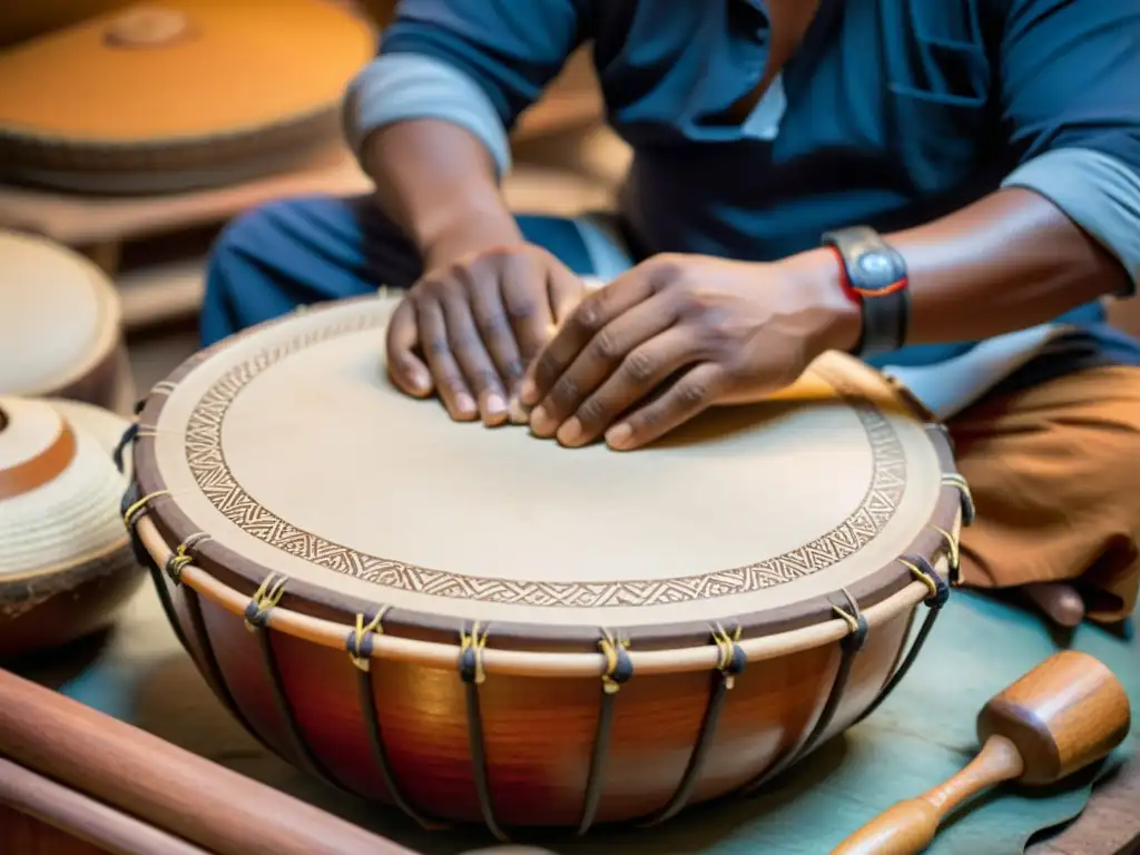 Un artesano experto construye un dholak con maestría en un taller lleno de herramientas y materiales