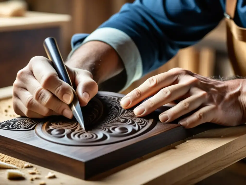 Un artesano experto esculpe diseños intricados en madera oscura, con herramientas tradicionales