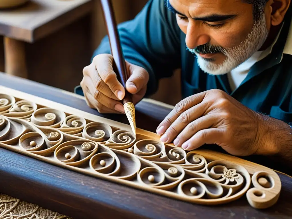 Un artesano experto talla diseños intrincados en madera oscura para crear un ney persa, mostrando la historia y construcción del instrumento