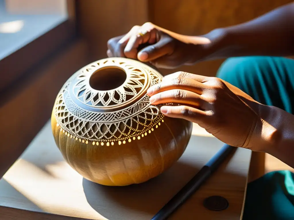 Un artesano experto talla diseños intrincados en una calabaza para crear un instrumento musical ecológico