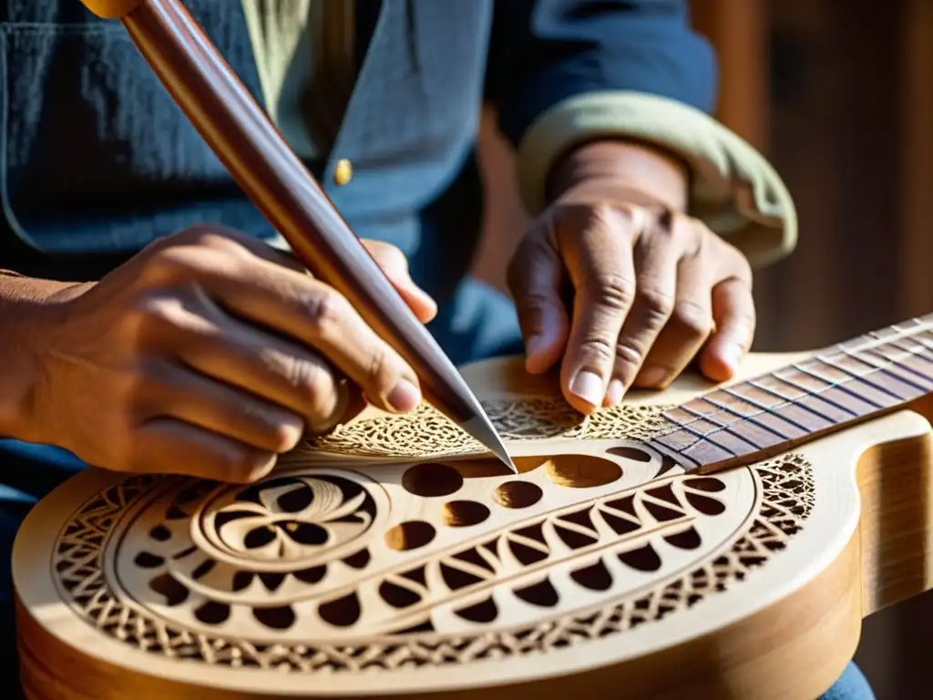 Un artesano experto talla diseños intrincados en una guitarra de madera, reflejando la rica herencia cultural de la artesanía de instrumentos